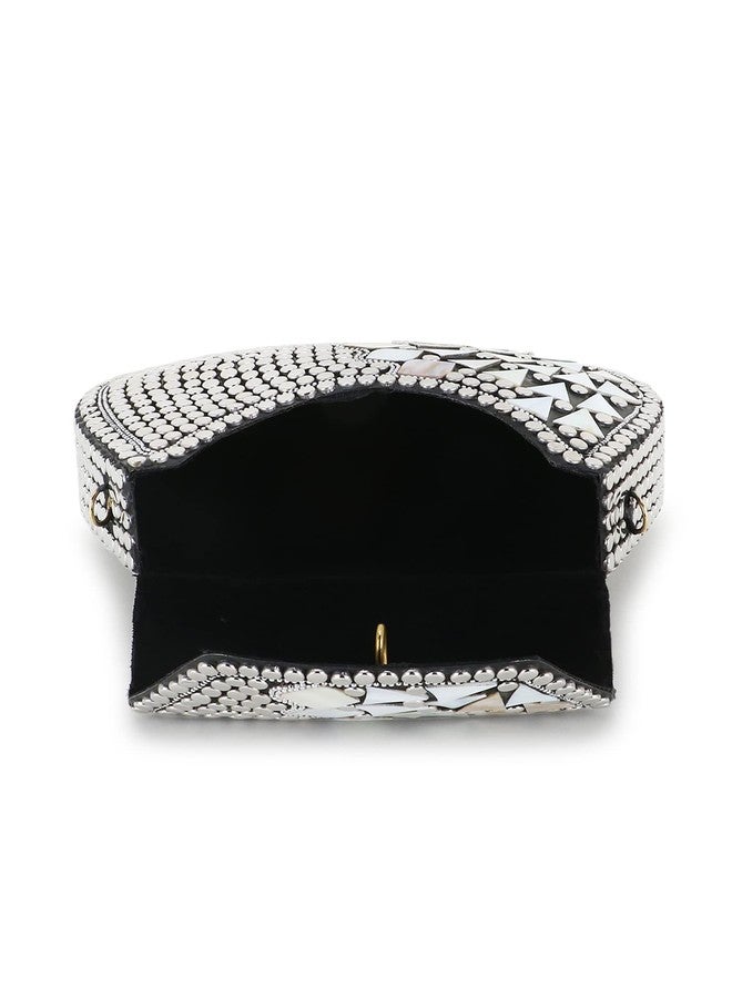 Anekaant Mosaic Silver & White Metal Embellished Clutch - Image 4